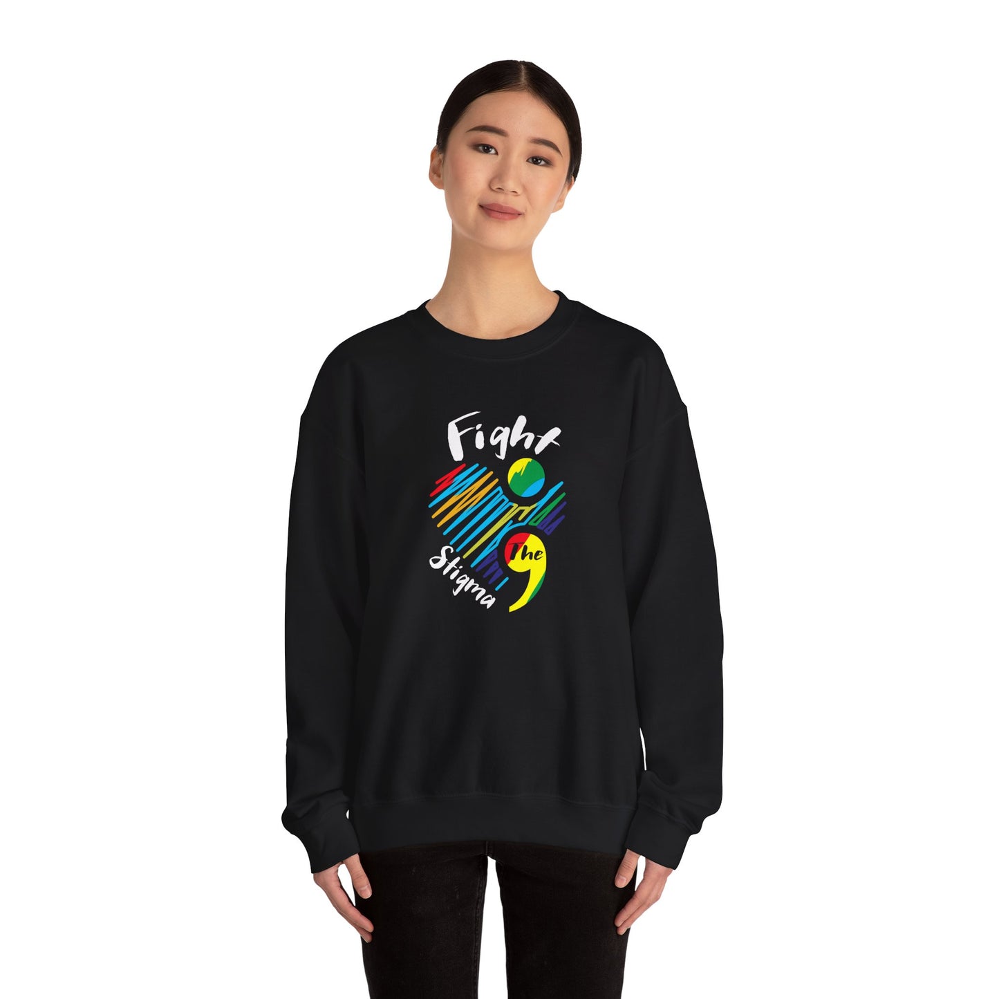 Crewneck sweatshirt designed for suicide prevention awareness, promoting mental health and support.