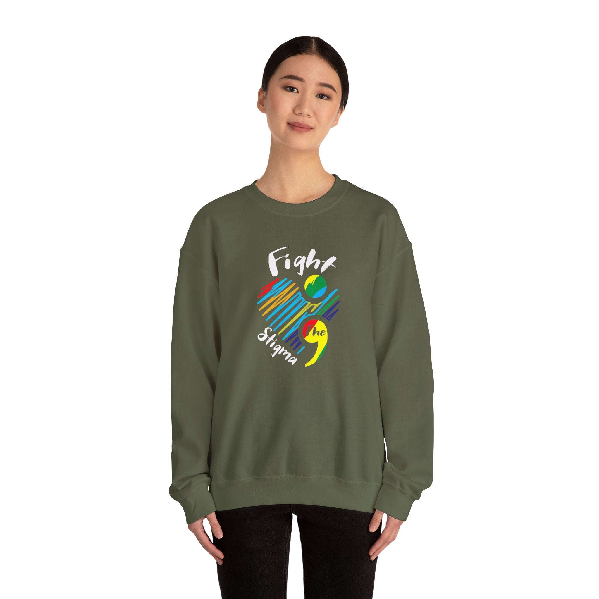 Crewneck sweatshirt designed for suicide prevention awareness, promoting mental health and support.