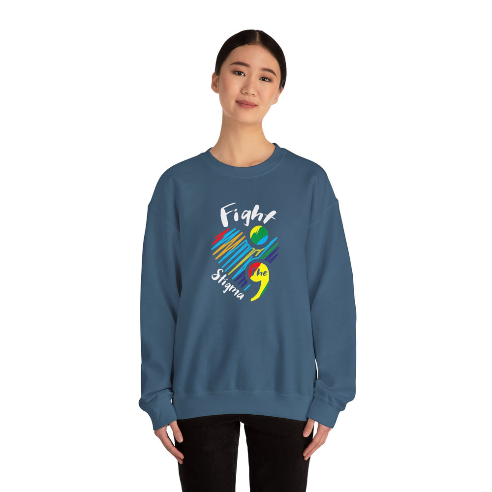 Crewneck sweatshirt designed for suicide prevention awareness, promoting mental health and support.